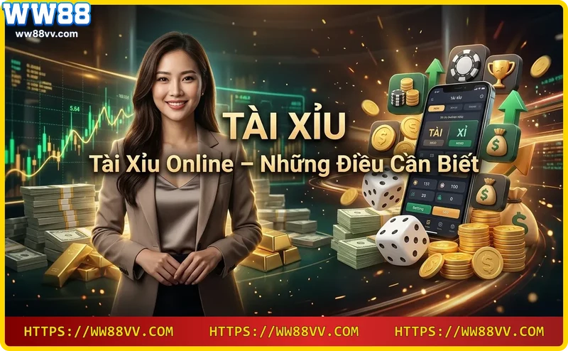 Điện thoại hiển thị giao diện tài xỉu online với xúc xắc và chips