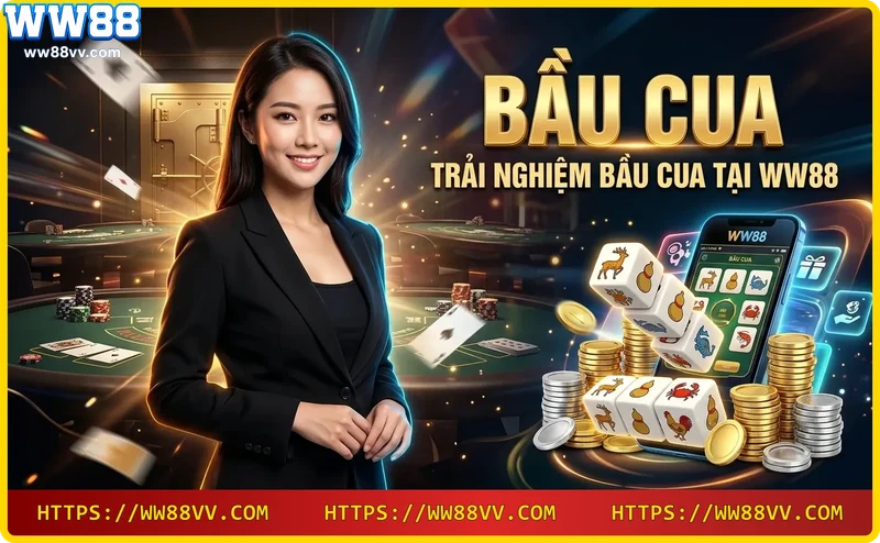 Giao diện bầu cua online trên điện thoại tại WW88 với xúc xắc và linh vật
